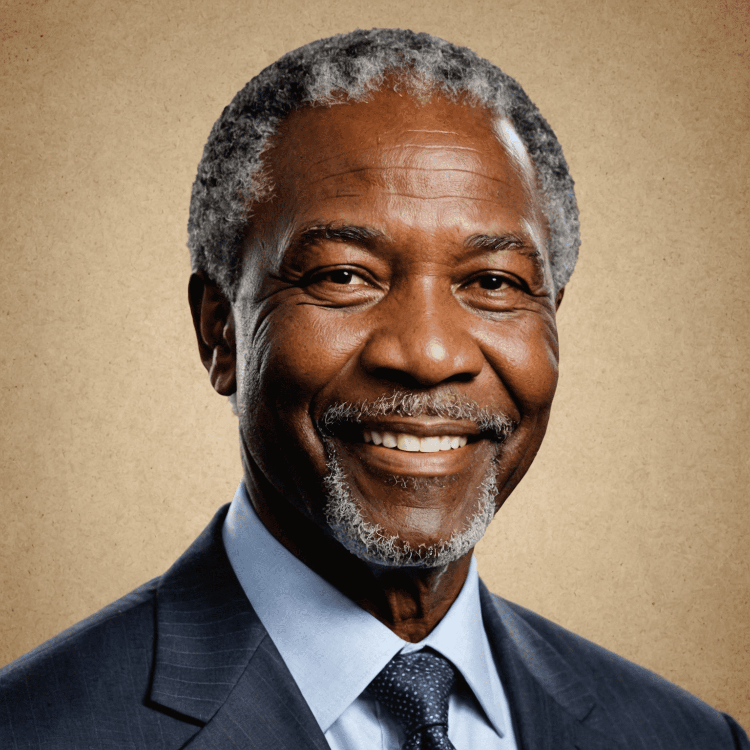 Portrait of Thabo Mbeki, a middle-aged South African man with a warm smile, wearing a professional suit