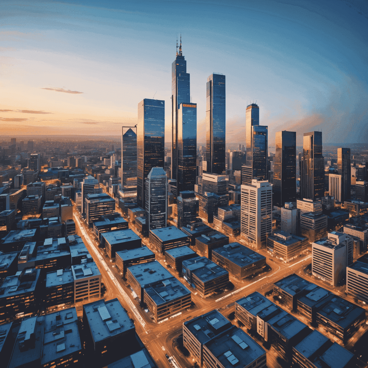 A vibrant cityscape of Johannesburg with modern skyscrapers, overlaid with digital graphics representing tech startups and innovation