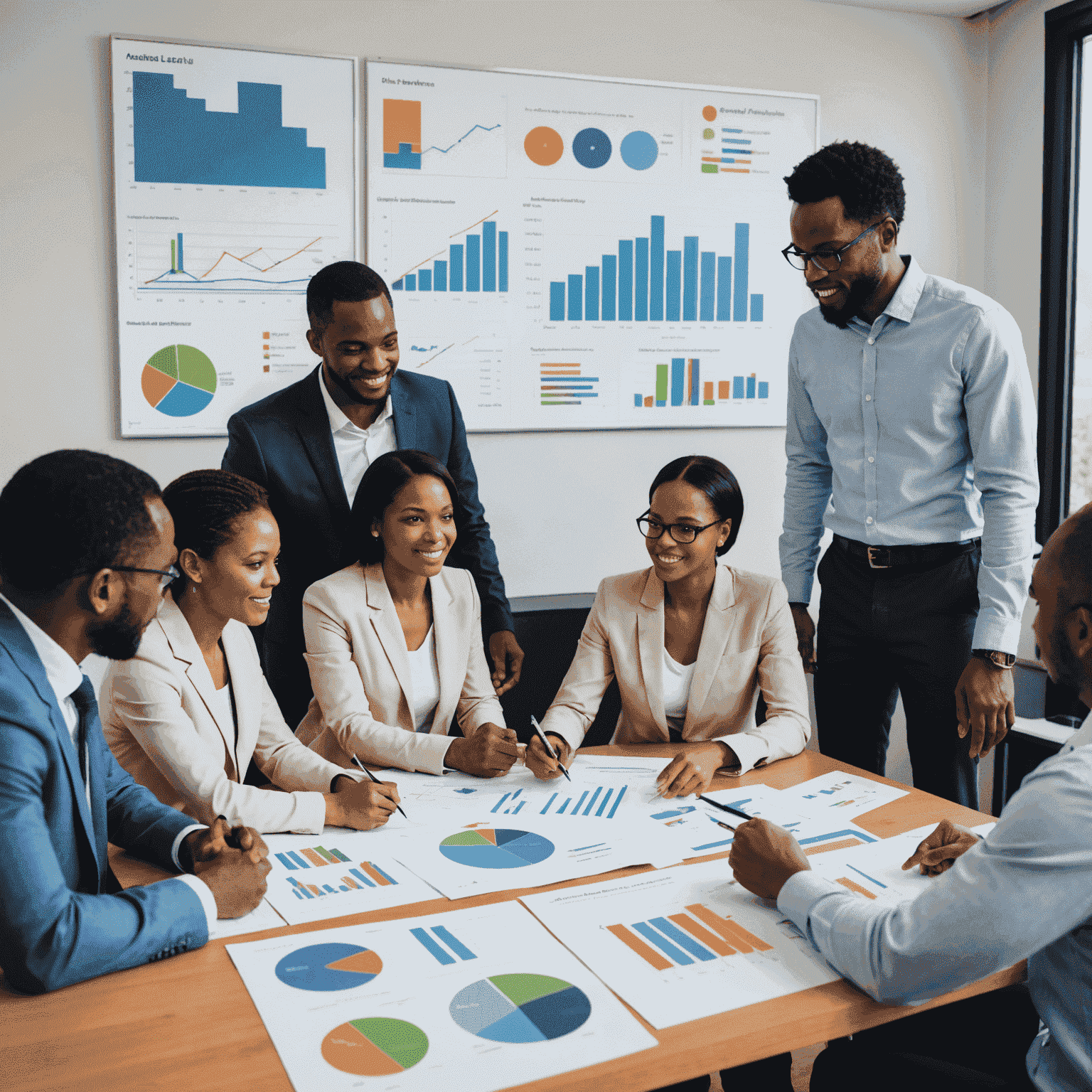 A diverse team of strategy consultants from AmandlaAdvisors discussing economic growth plans for South Africa, with charts and graphs visible in the background