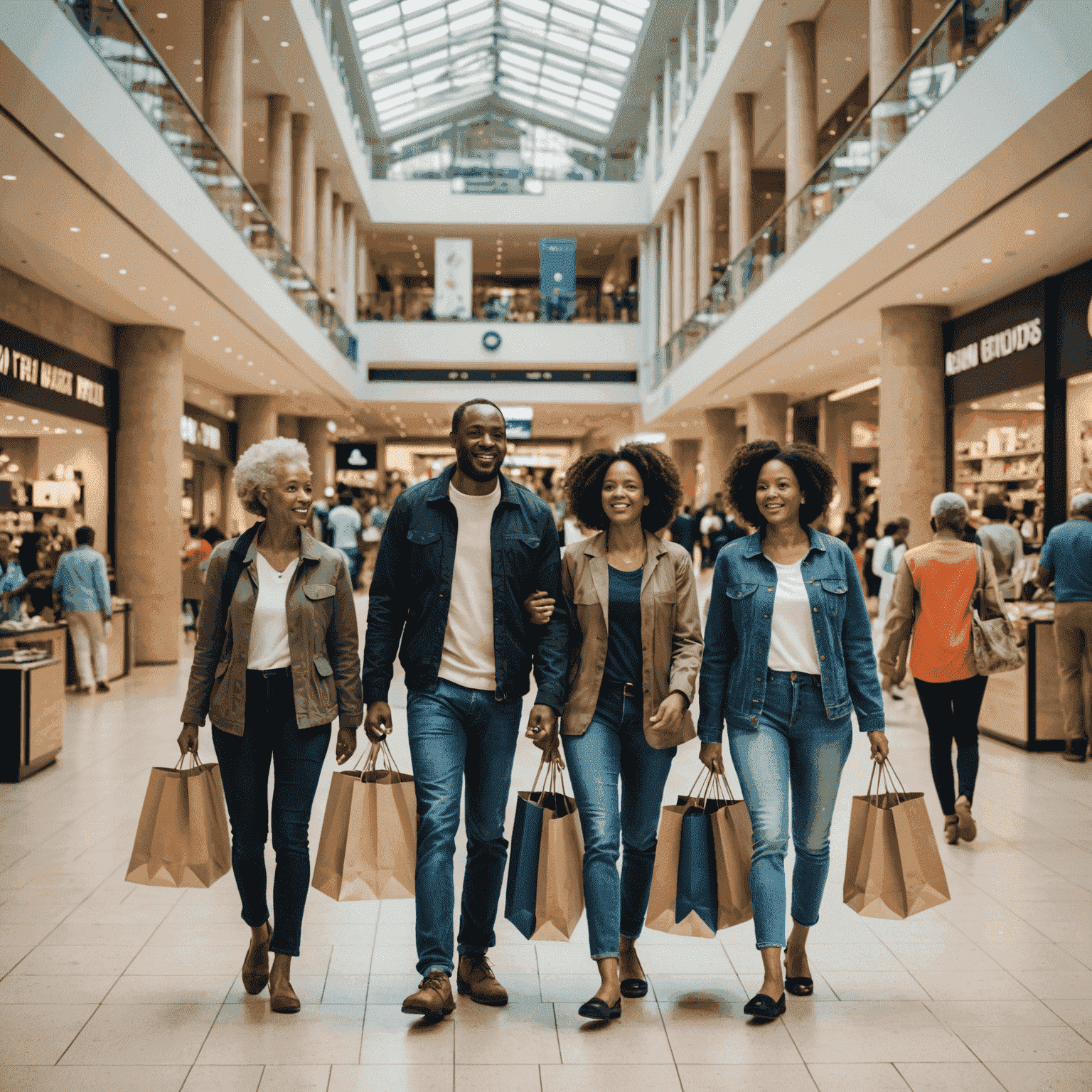 Diverse group of South African consumers shopping in a modern mall, showcasing various age groups and ethnicities interacting with both traditional and digital shopping methods