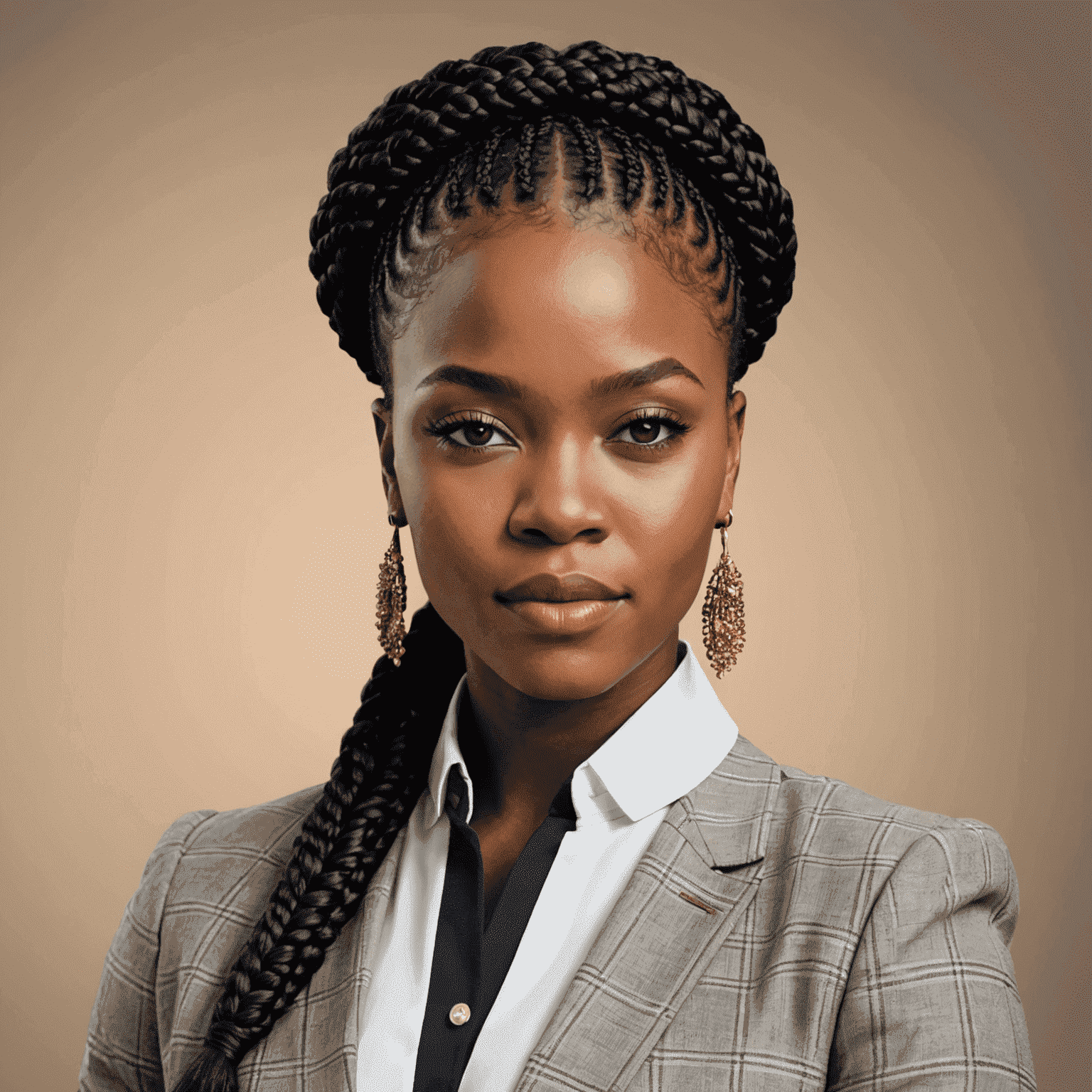 Portrait of Nomzamo Mbatha, a young South African woman with braided hair, wearing a stylish business attire