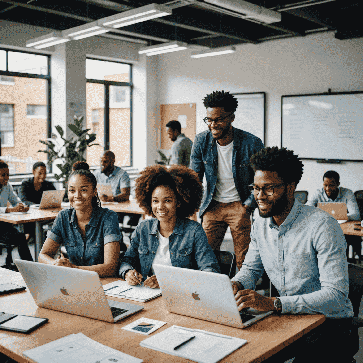 A diverse group of young South African professionals collaborating in a modern, open-plan startup office with laptops and whiteboards