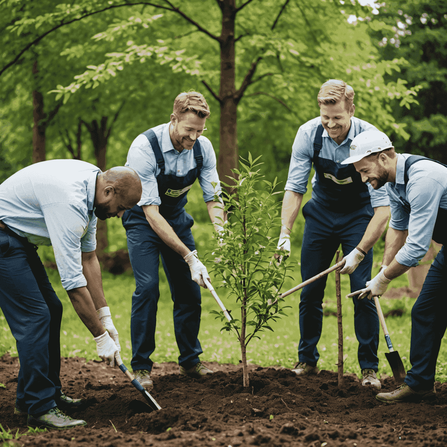 A diverse group of employees planting trees in a corporate social responsibility event, with project managers leading the initiative