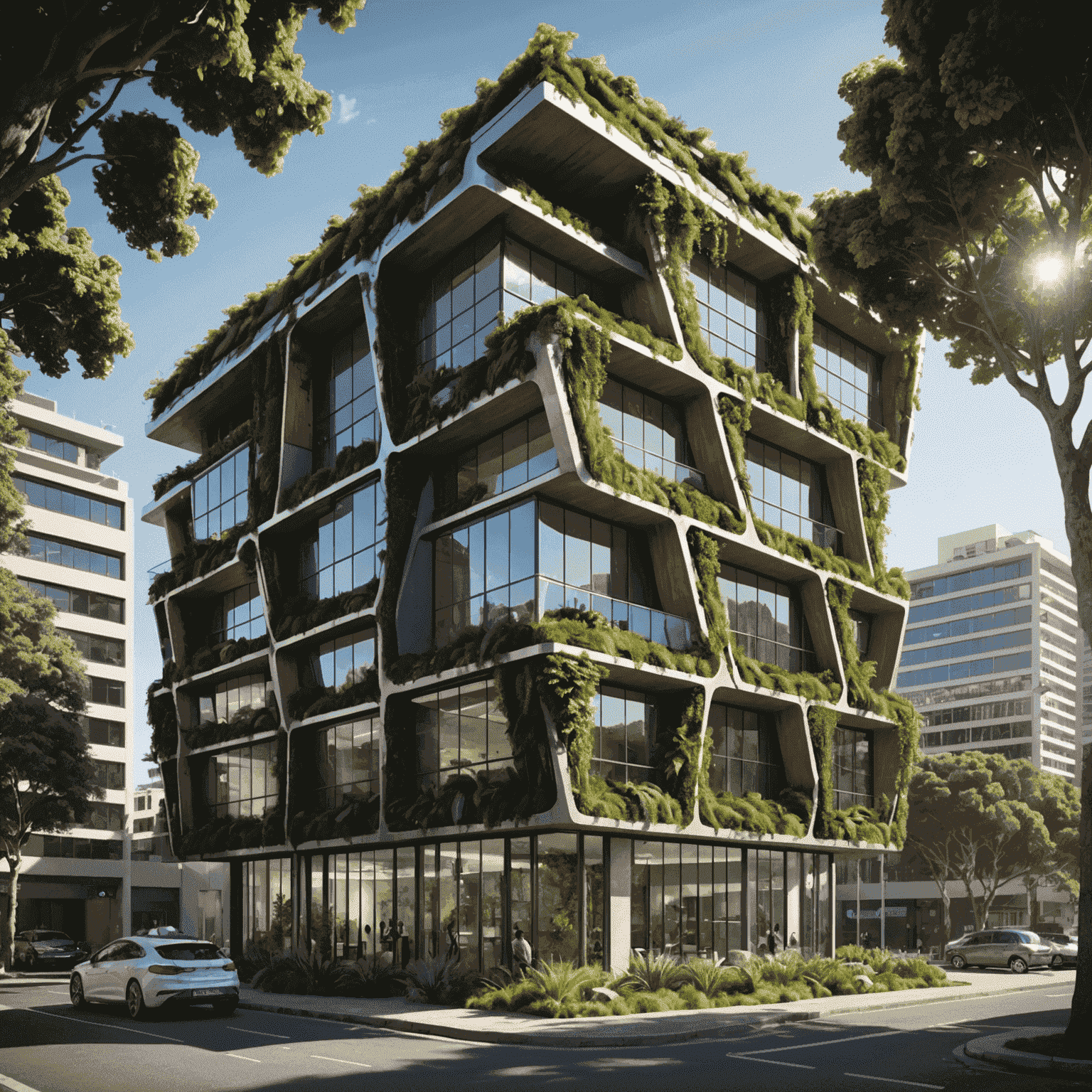 A futuristic, eco-friendly office building in Cape Town with solar panels, vertical gardens, and electric vehicle charging stations