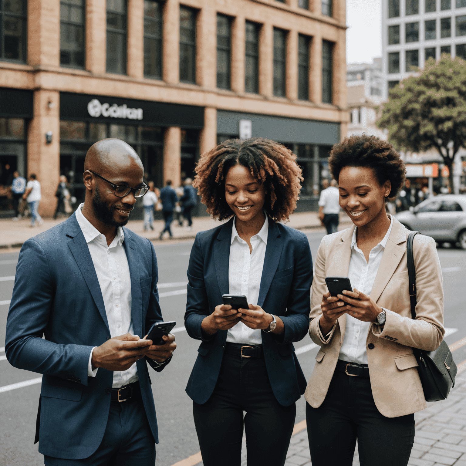 A diverse group of South African professionals using smartphones for various tasks, emphasizing the mobile-centric nature of modern consumer behavior